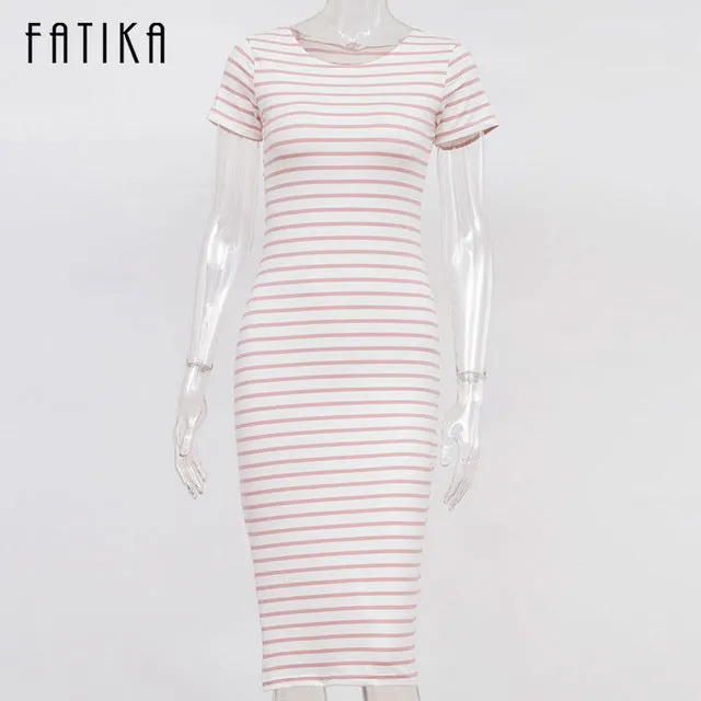 FATIKA Women Casual Summer Dress Short Sleeve O-Neck Bodycon Dress Striped Side Split T Shirt Women's Slim Fit Dresses