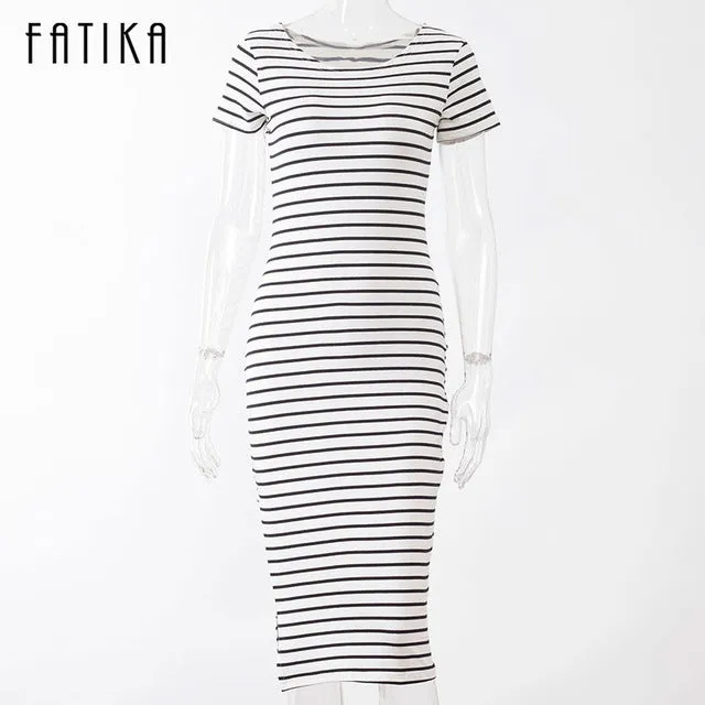 FATIKA Women Casual Summer Dress Short Sleeve O-Neck Bodycon Dress Striped Side Split T Shirt Women's Slim Fit Dresses