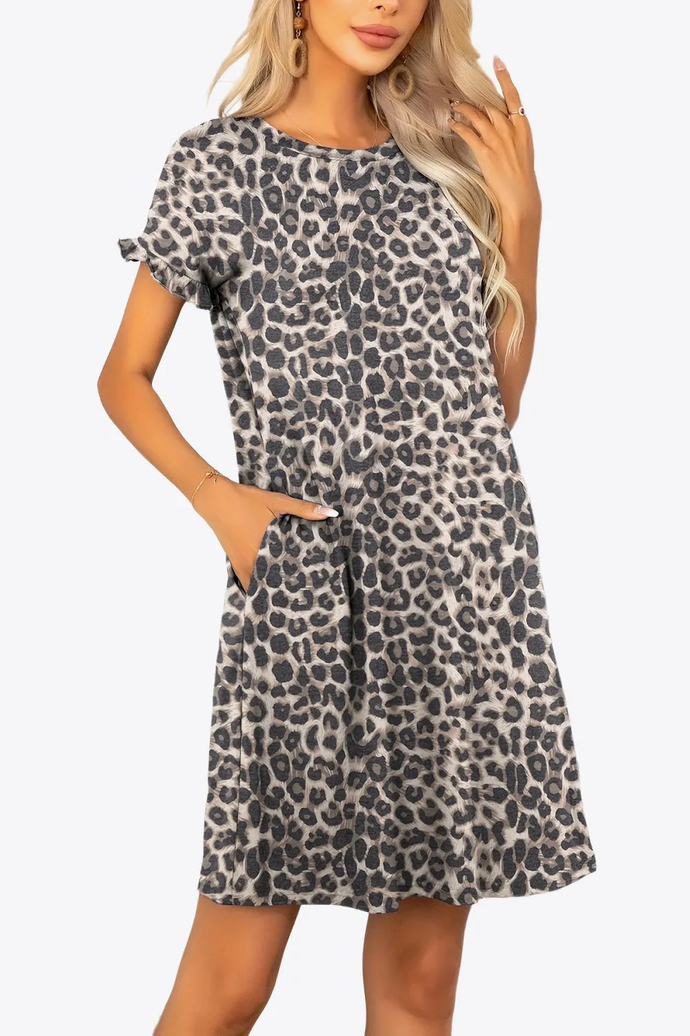 Flounce Sleeve Round Neck Dress with Pockets