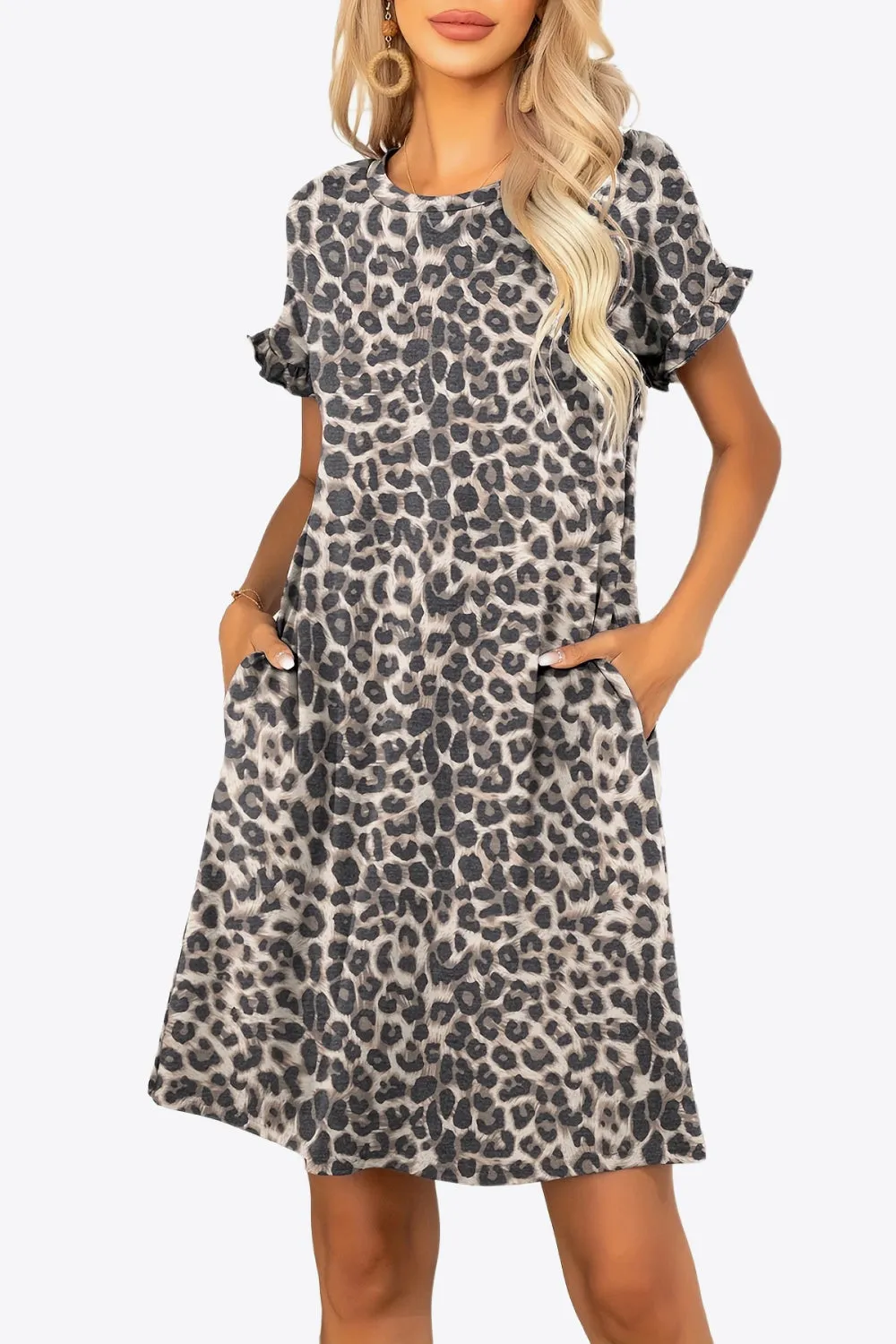 Flounce Sleeve Round Neck Dress with Pockets