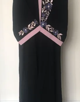 Front open Black Abaya with Flower Embroidery