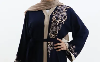 Front open Black Abaya with Flower Embroidery