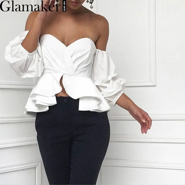 Glamaker Sexy off shoulder ruffle blouse shirt Fitness elegant  backless blouse blusas Spring slim beach women tops