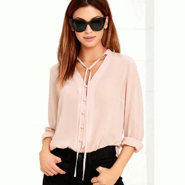 HDY Haoduoyi Solid Color Fashion Women Shirts Single Breasted V Neck Long Sleeve Blouse Casual Brief Style Female Chiffon Shirt