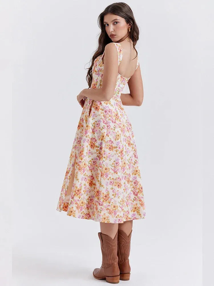 High Print A-line Spaghetti Strap Spring Summer Elegant Long Sexy Midi Dress