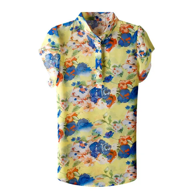 Hotsale Fashion Summer Women Blouses New Printed Flowers Chiffon Short Sleeve Shirts Size S-XXL 3Colors