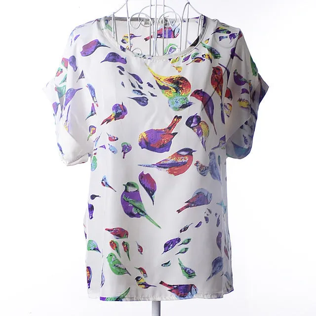 Hotsale Fashion Summer Women Blouses New Printed Flowers Chiffon Short Sleeve Shirts Size S-XXL 3Colors