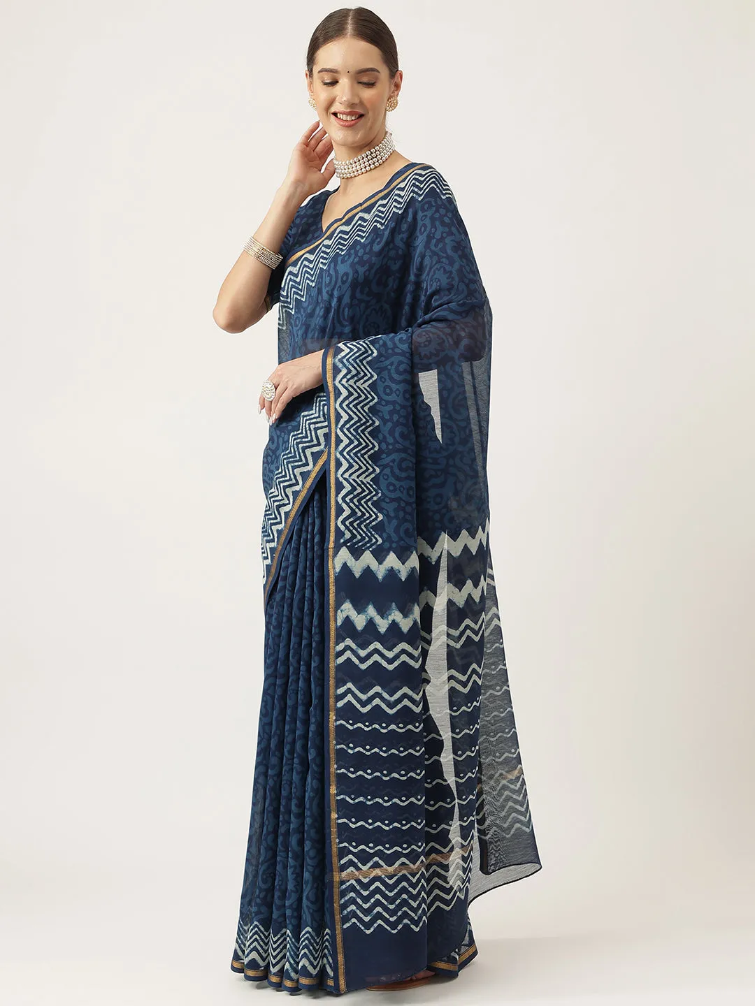 Indigo Blue Hand Block Chanderi Silk Saree