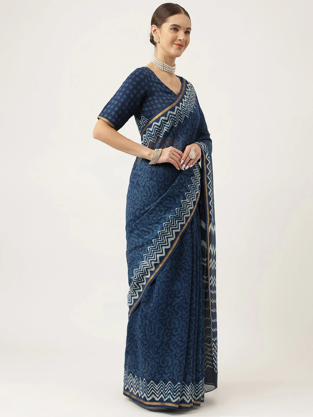 Indigo Blue Hand Block Chanderi Silk Saree