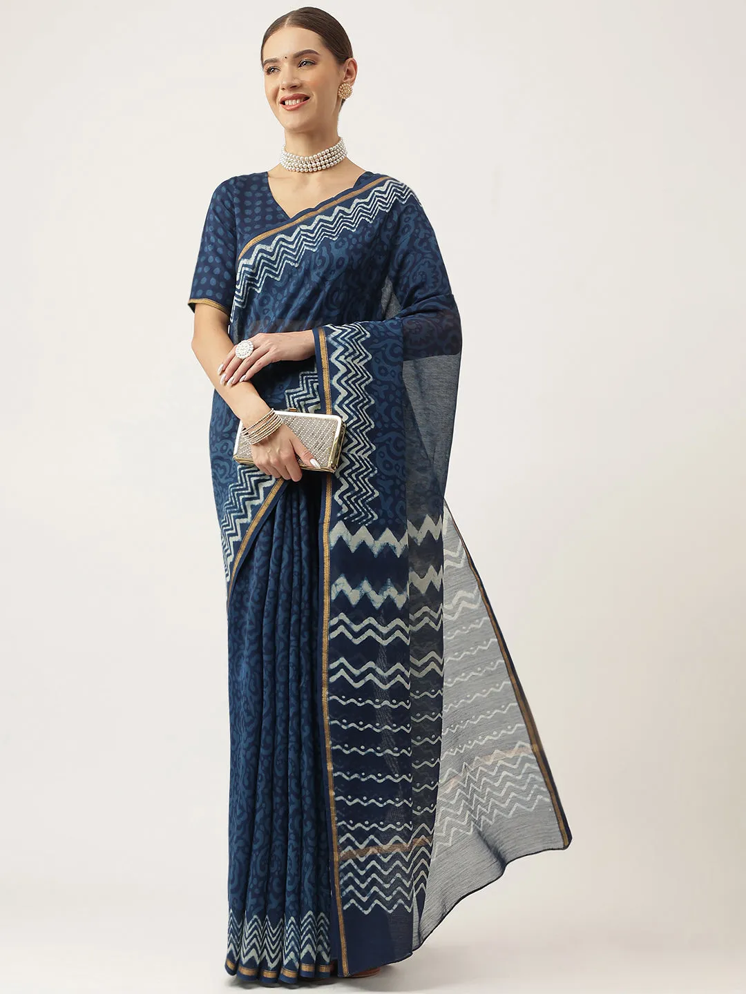 Indigo Blue Hand Block Chanderi Silk Saree