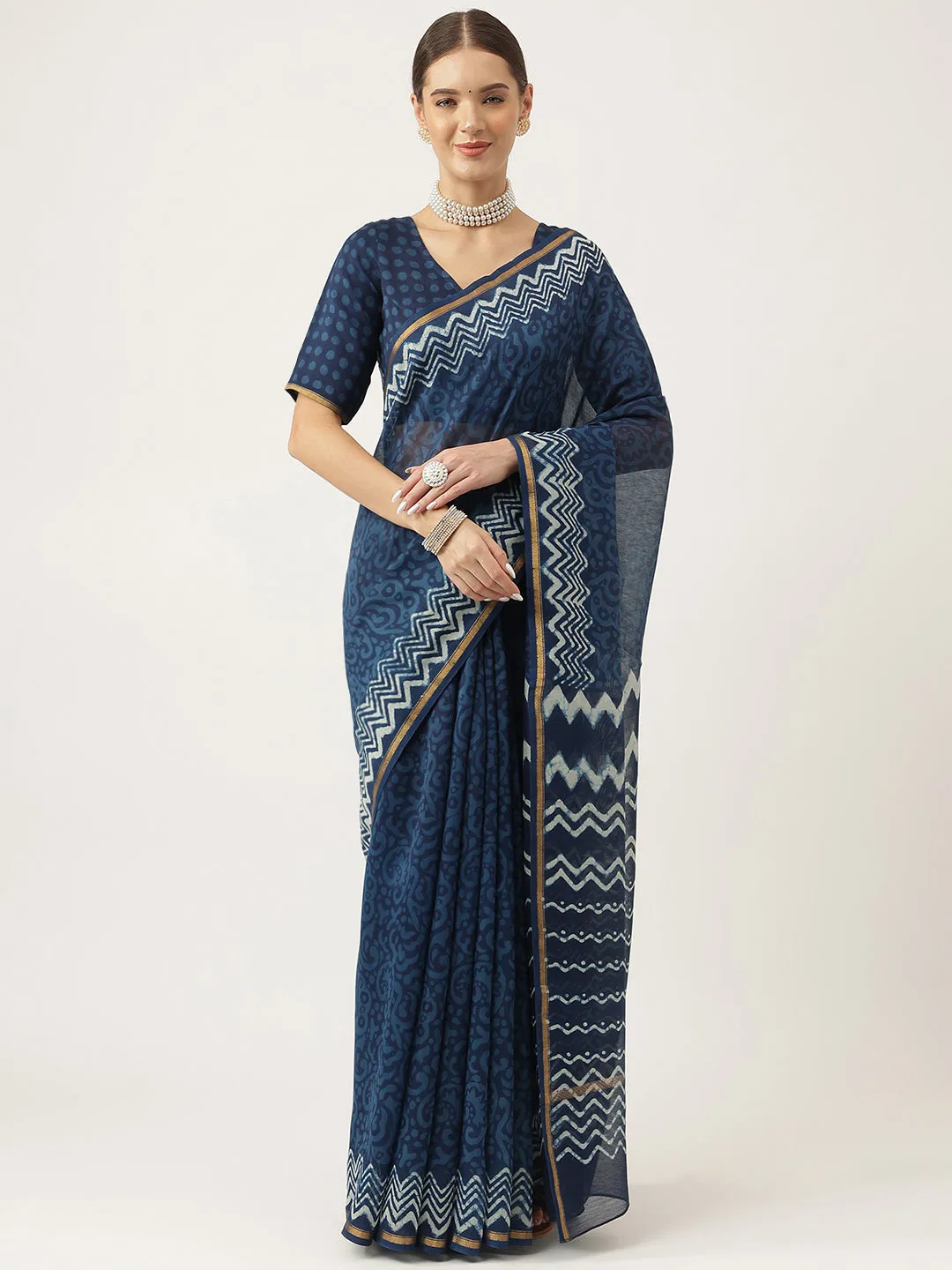 Indigo Blue Hand Block Chanderi Silk Saree