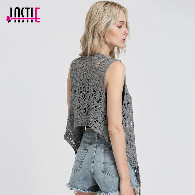 Jastie Asymmetric Open Stitch Cardigan Summer Beach Boho Hippie People Style Crochet Knit Embroidery Blouse sleeveless Vest