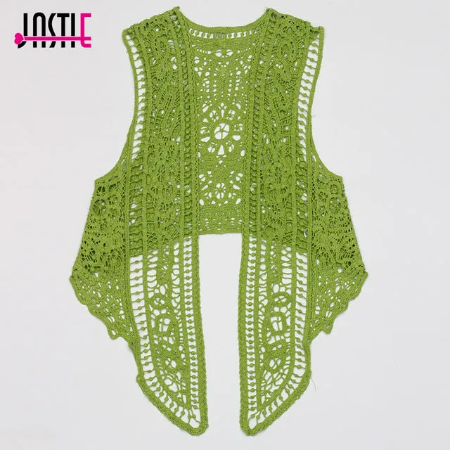 Jastie Asymmetric Open Stitch Cardigan Summer Beach Boho Hippie People Style Crochet Knit Embroidery Blouse sleeveless Vest