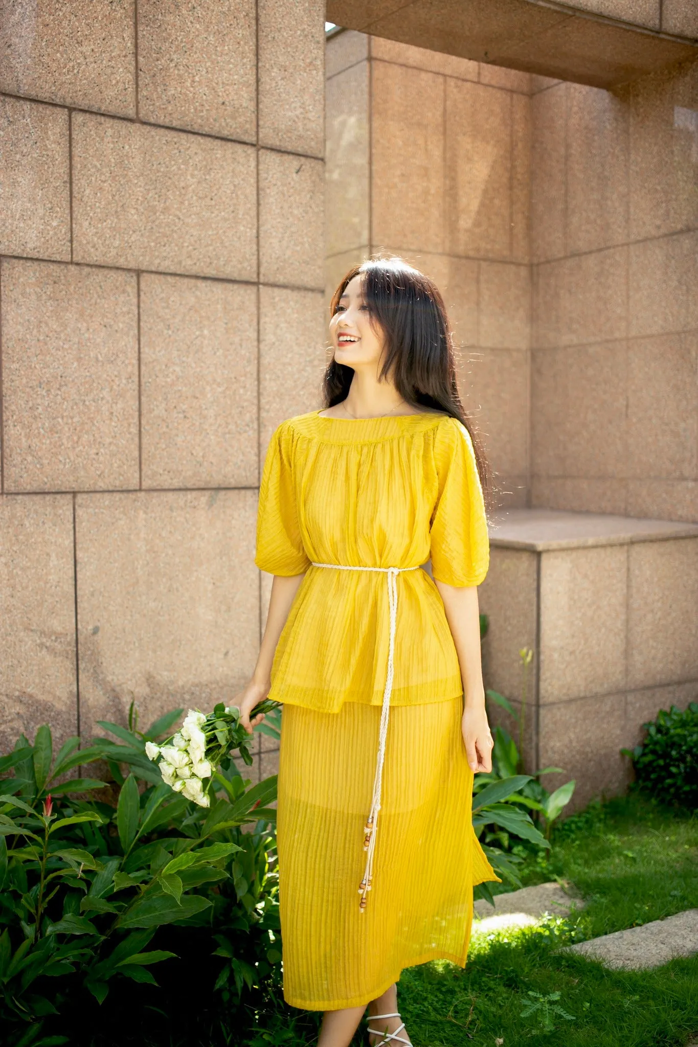 Jinni Yellow Oval Neck Top and Splitted Tunic Skirt - Gu Fashion | Vietnam Fashion Store