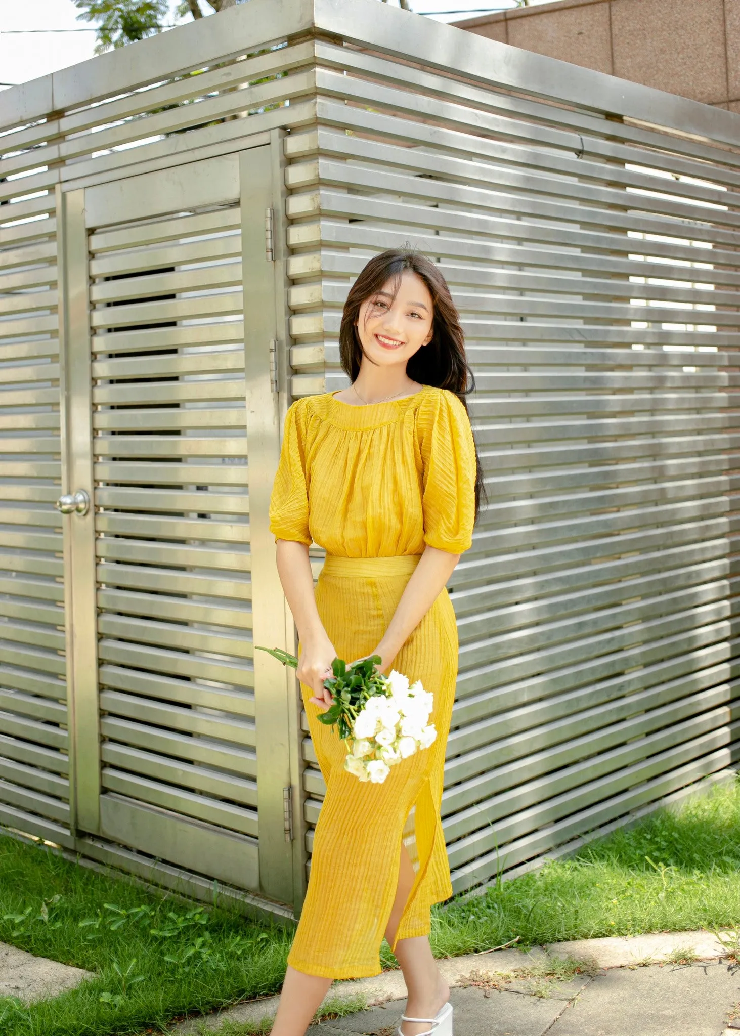 Jinni Yellow Oval Neck Top and Splitted Tunic Skirt - Gu Fashion | Vietnam Fashion Store