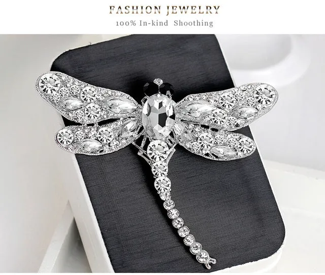 JUJIE Rhinestone Dragonfly Brooches For Women 2017 Antique Gold Color Scarf Lapel Brooch Pins Animals Crystal Jewelry Gifts Girl