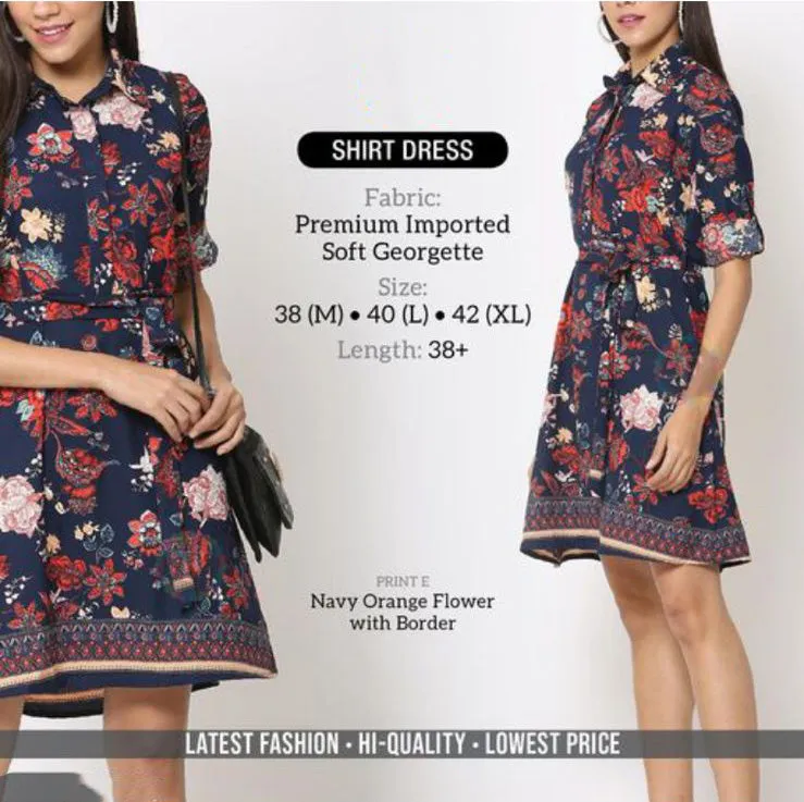 Knee Length Georgette Blue Shirt Dress for Women