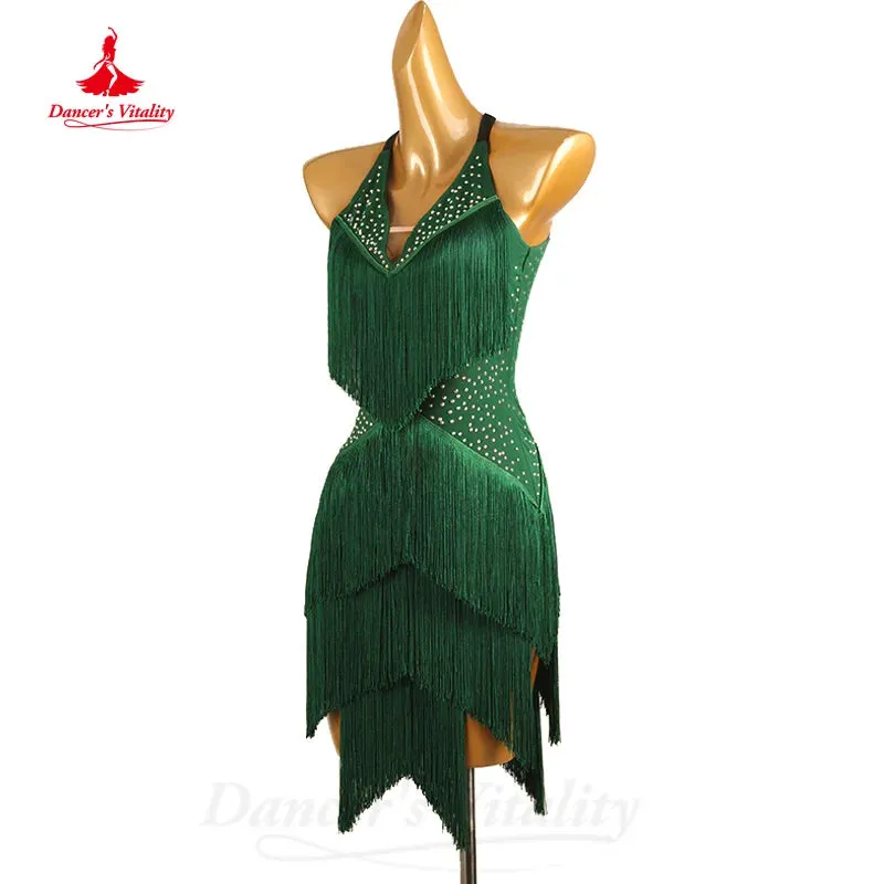 Latin Dance Clothing Women Customized AB Stones Sexy Backless Tassel Dress Tango Chacha Samba Professional Competition Dresses