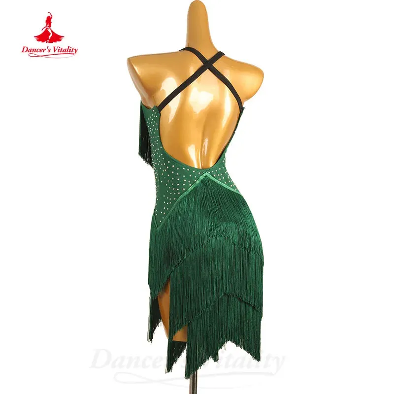 Latin Dance Clothing Women Customized AB Stones Sexy Backless Tassel Dress Tango Chacha Samba Professional Competition Dresses