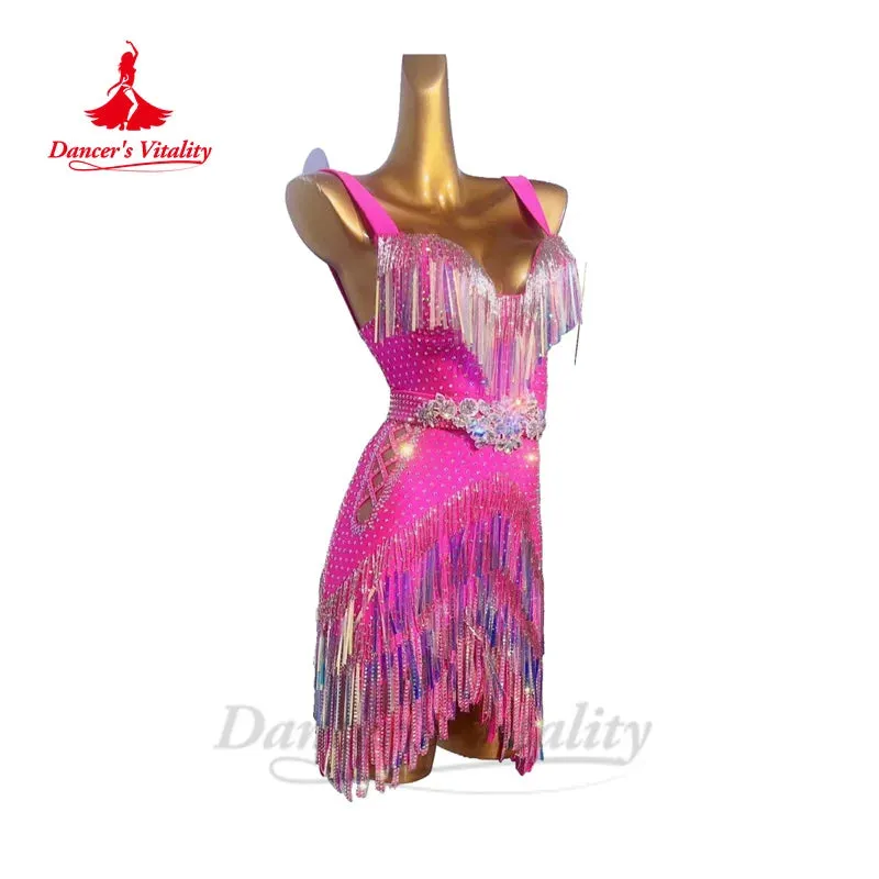 Latin Dance Dresses for Women Custom Senior Full Stones Rumba Chacha Tango Performance Costume Skirt Adult Child Latin Dress