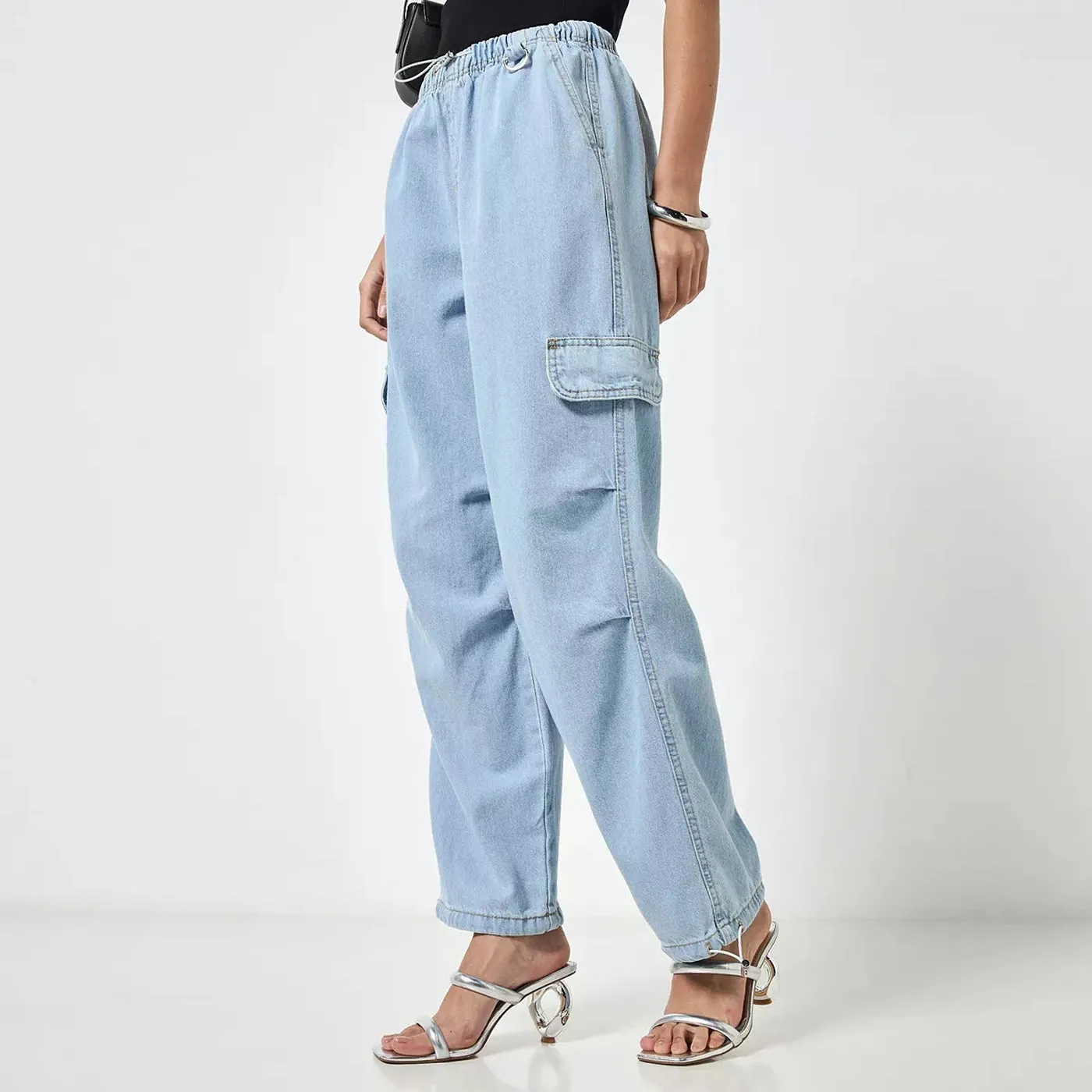 Light Blue Plain Parachute Cargo Jeans