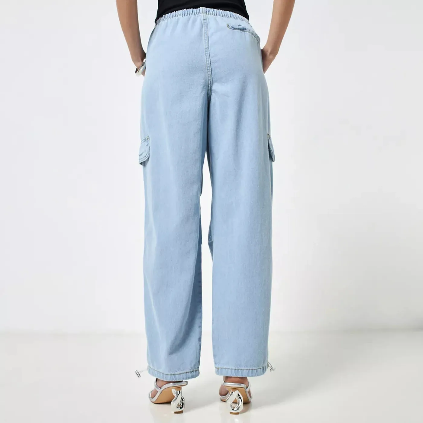 Light Blue Plain Parachute Cargo Jeans