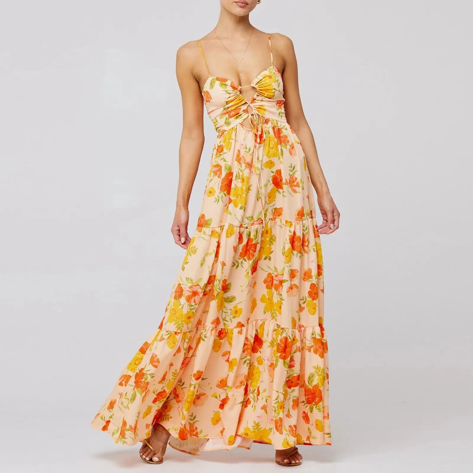 Long Beach Sleeveless Spaghetti Strap Cross Tie-up Floral Print Midi Slip Summer Boho Dress