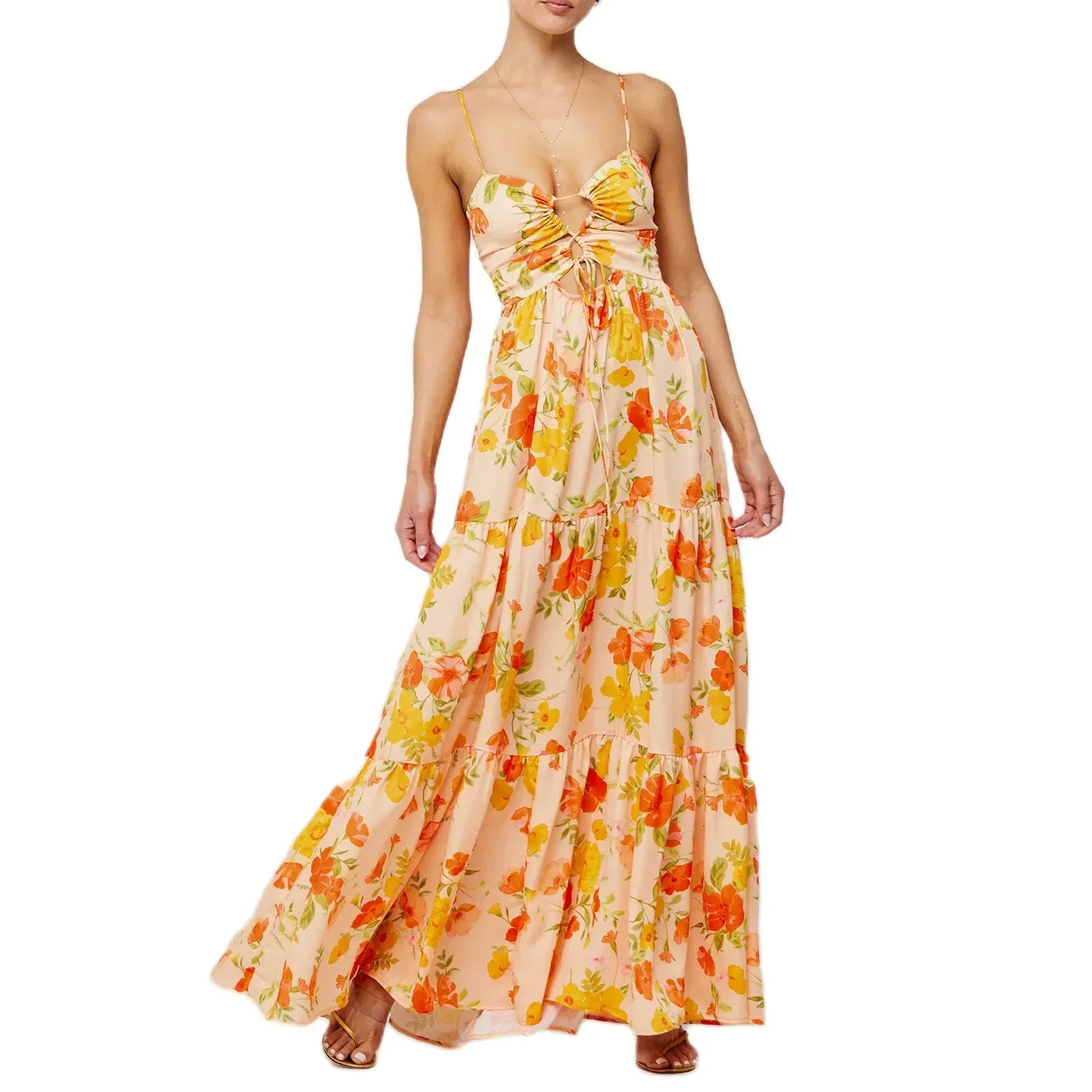 Long Beach Sleeveless Spaghetti Strap Cross Tie-up Floral Print Midi Slip Summer Boho Dress