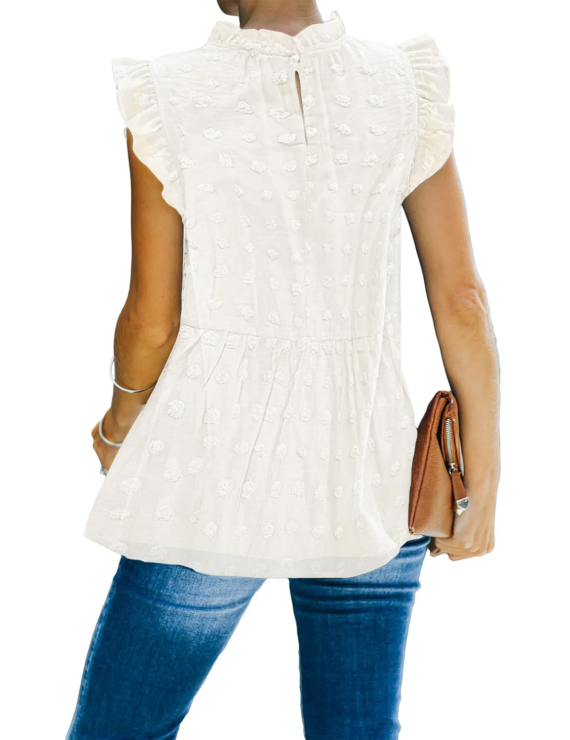 LookbookStore Women's Summer Blouses Casual Tops Ruffle Sleeve Swiss Dot Shirts