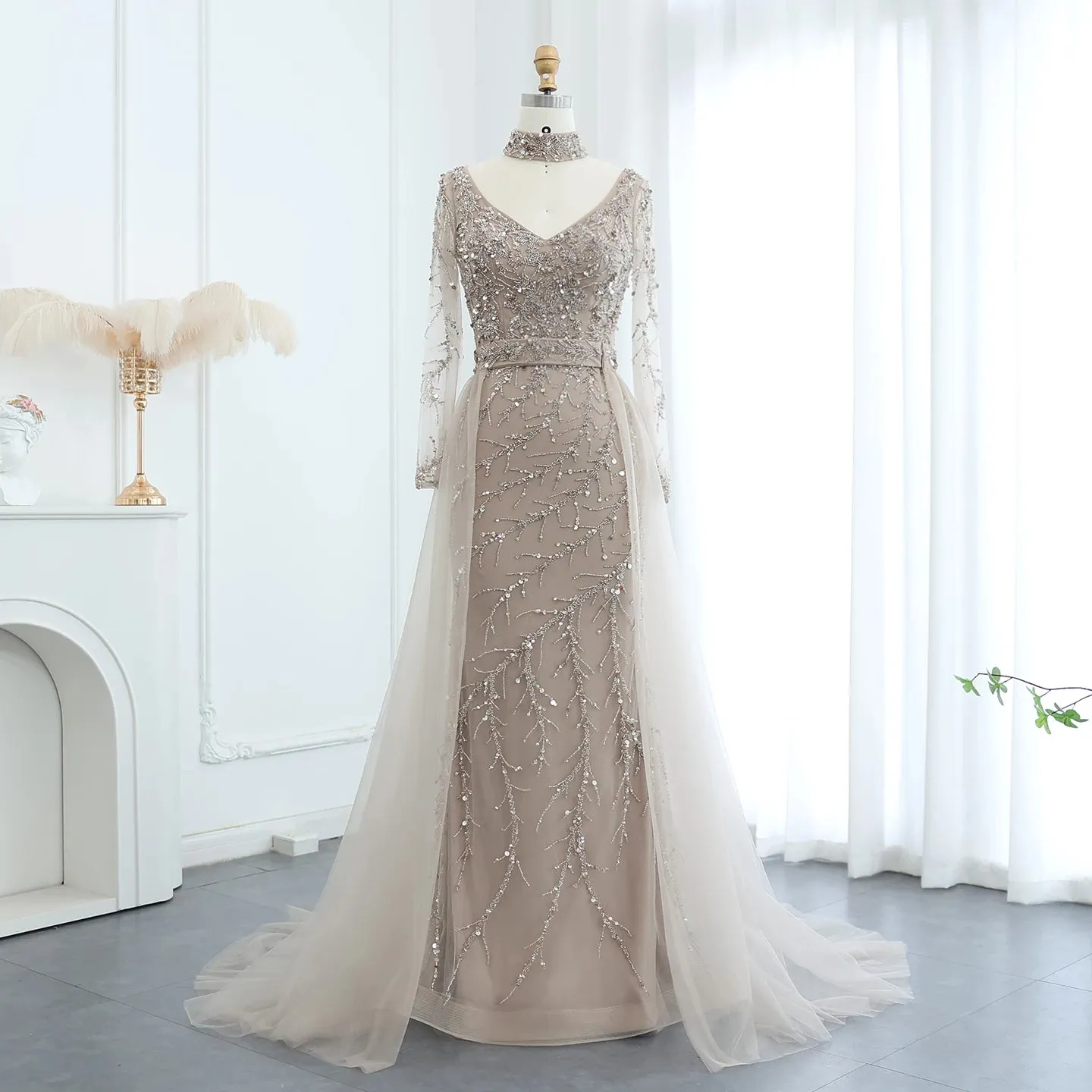 Luxury Beaded Embroidered Dress with Overskirt