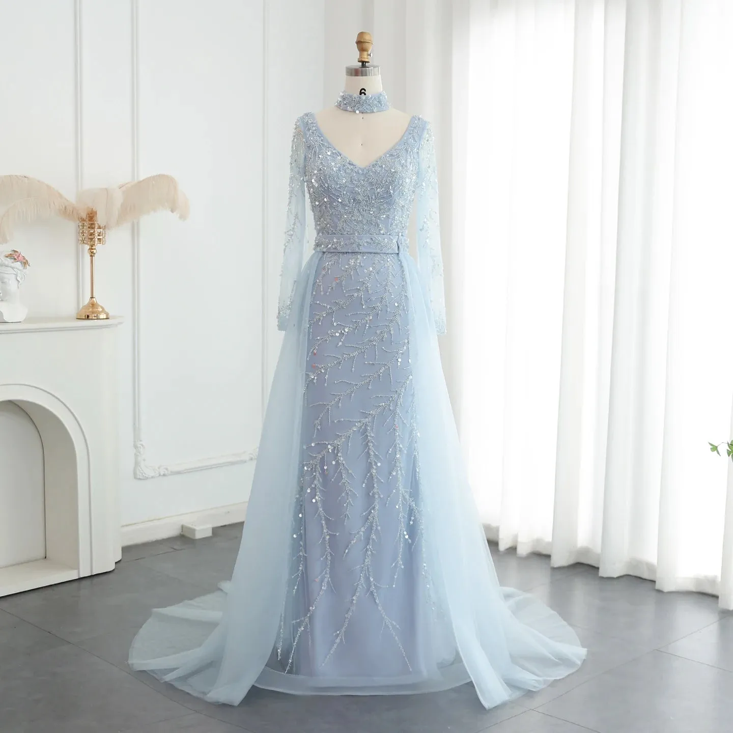 Luxury Beaded Embroidered Dress with Overskirt