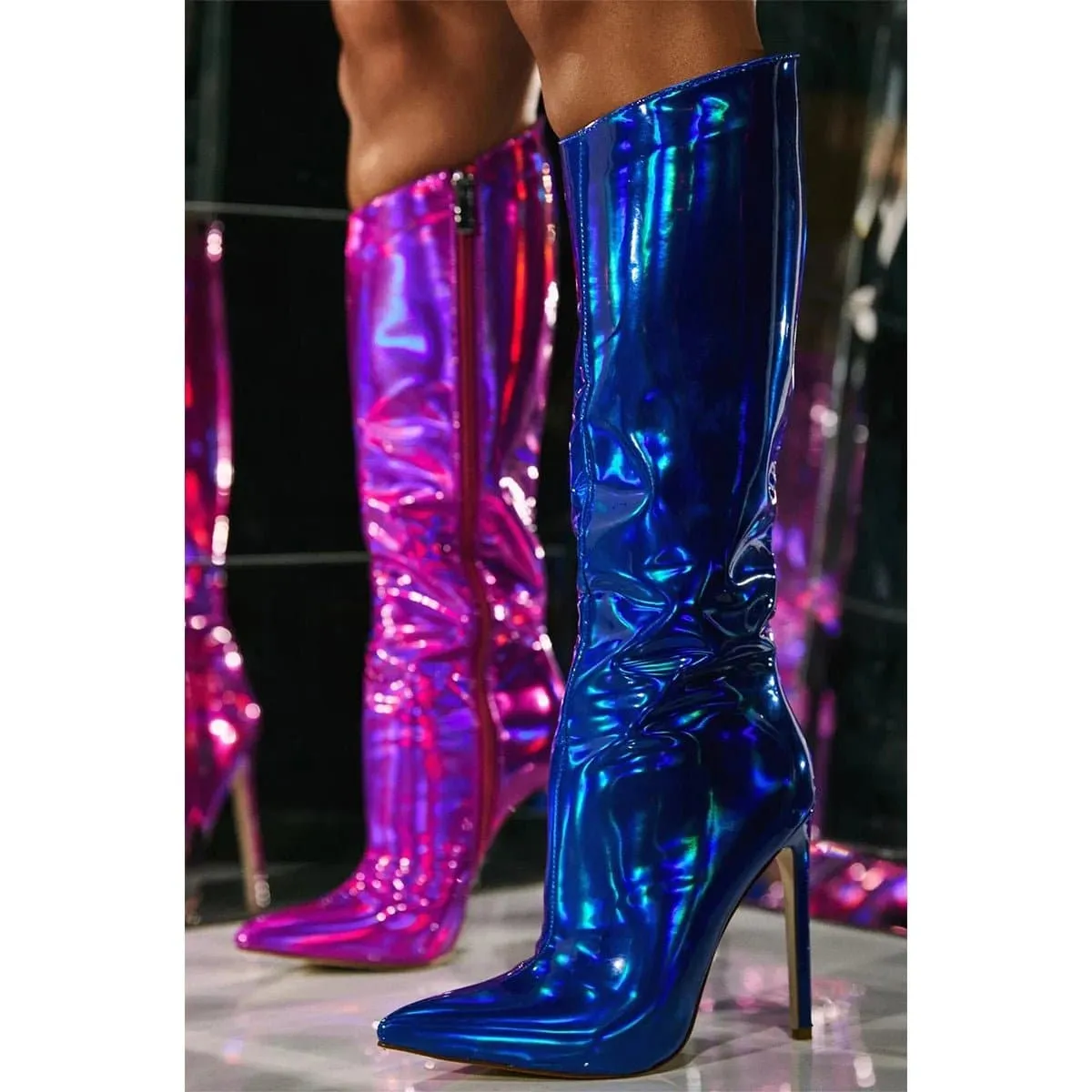 Metallic Leather Knee High Boots with Super High Heels - Stand out in Style