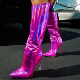 Metallic Leather Knee High Boots with Super High Heels - Stand out in Style