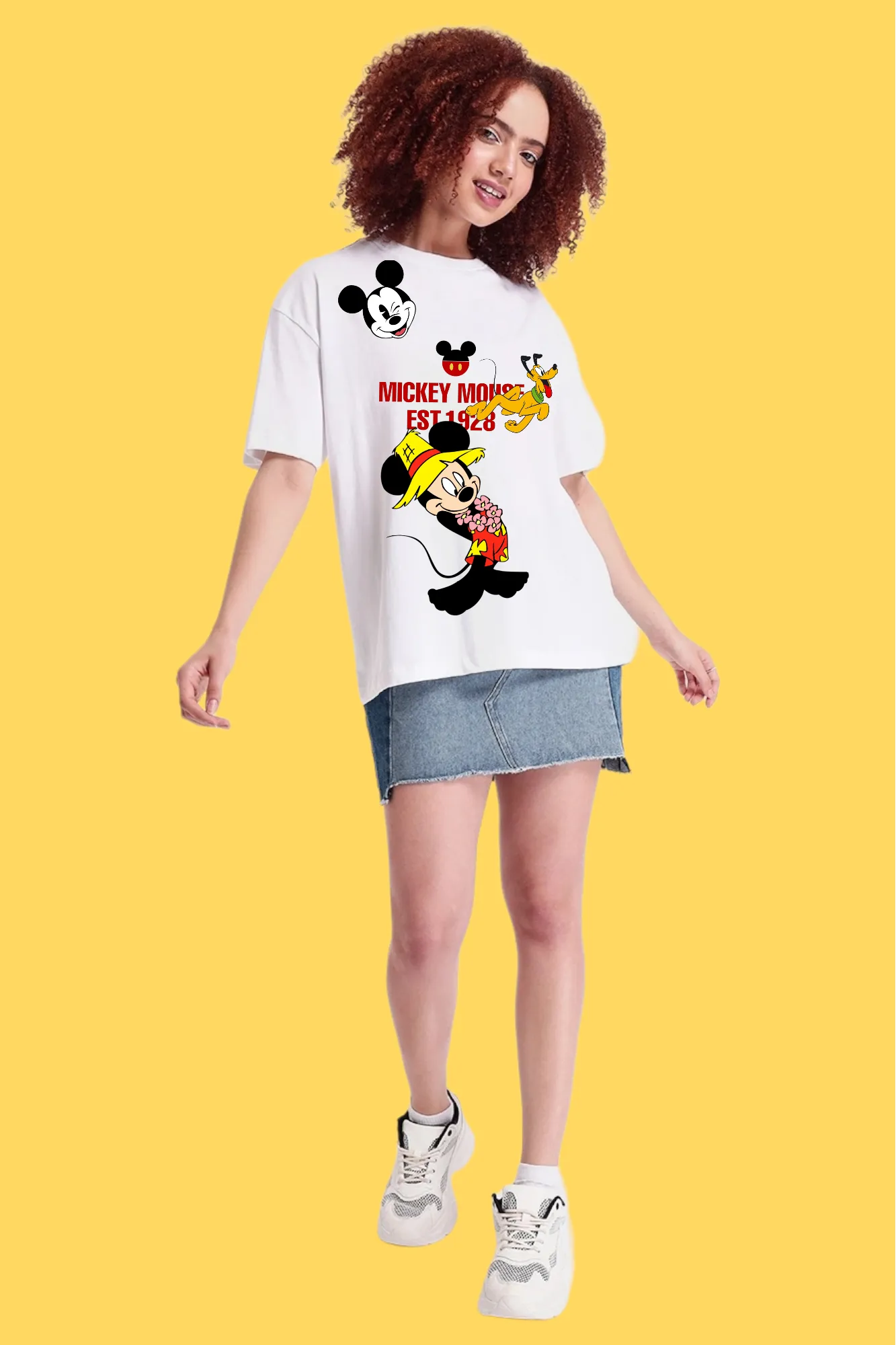 Mickey Printed White Oversized Women's T shirt