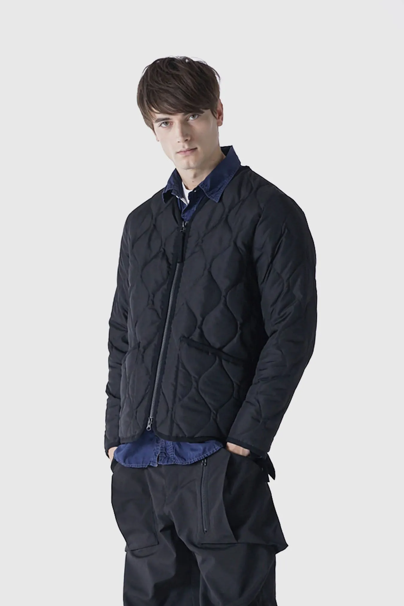 Military Zip V Neck Down Jacket - Black