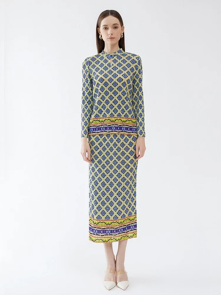 Miyake Pleated Vintage Printed Top and Straight Skirt Set