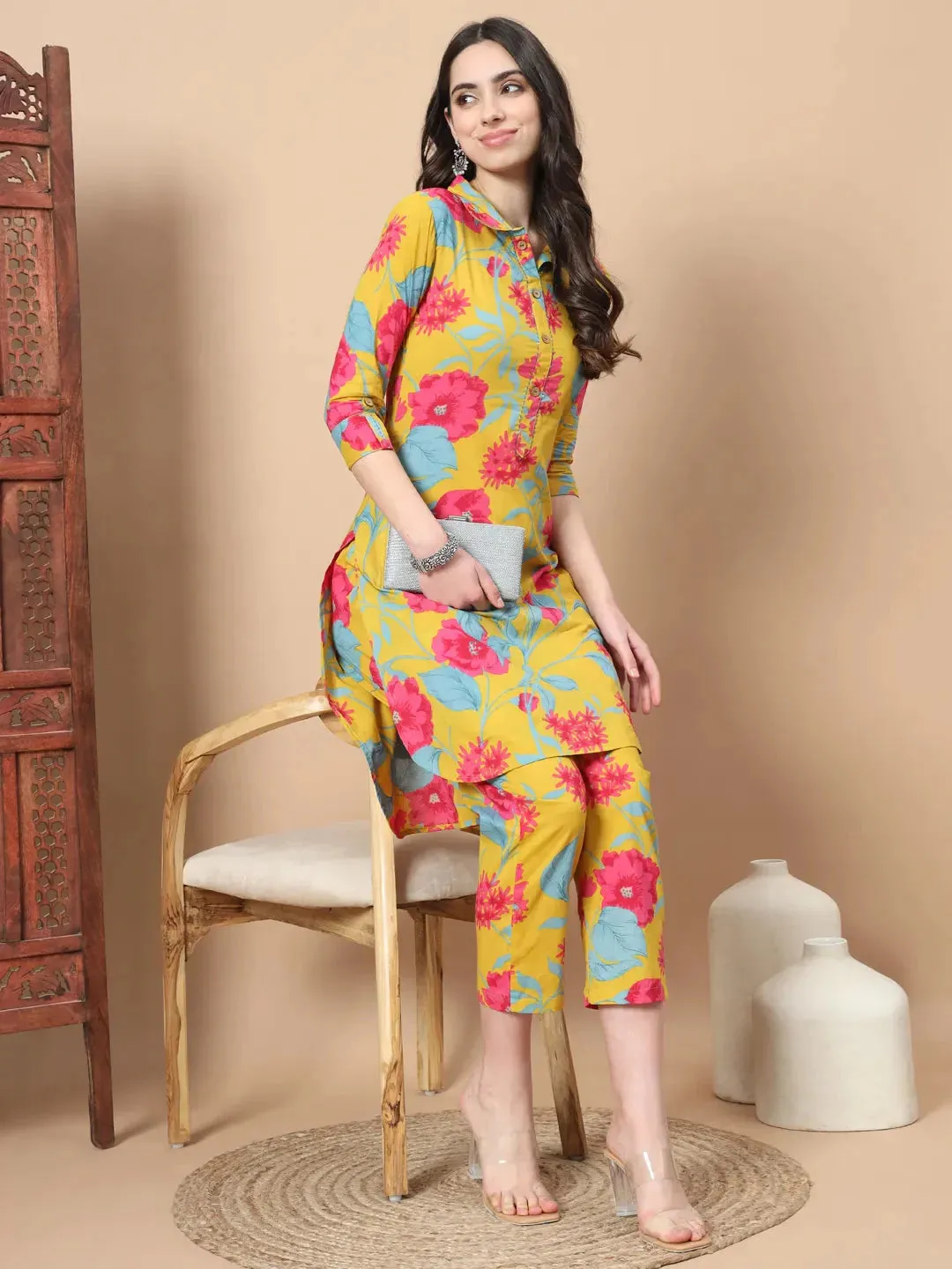 Mustard Cotton Co-Ord Set With Floral Print