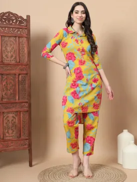 Mustard Cotton Co-Ord Set With Floral Print