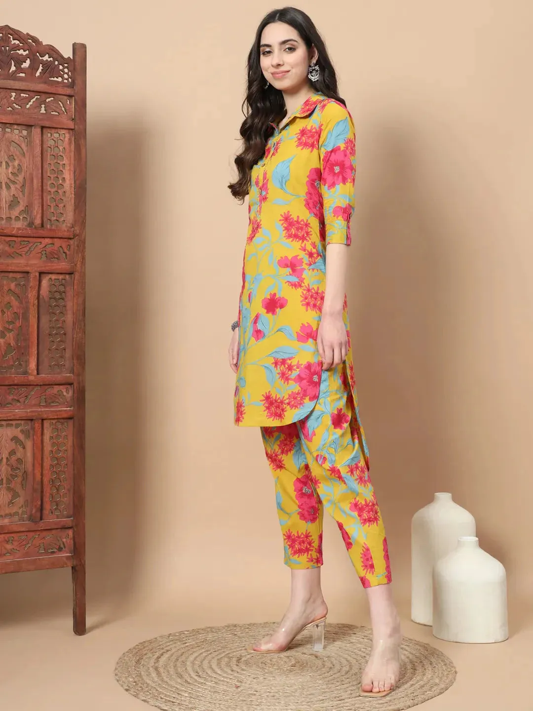 Mustard Cotton Co-Ord Set With Floral Print