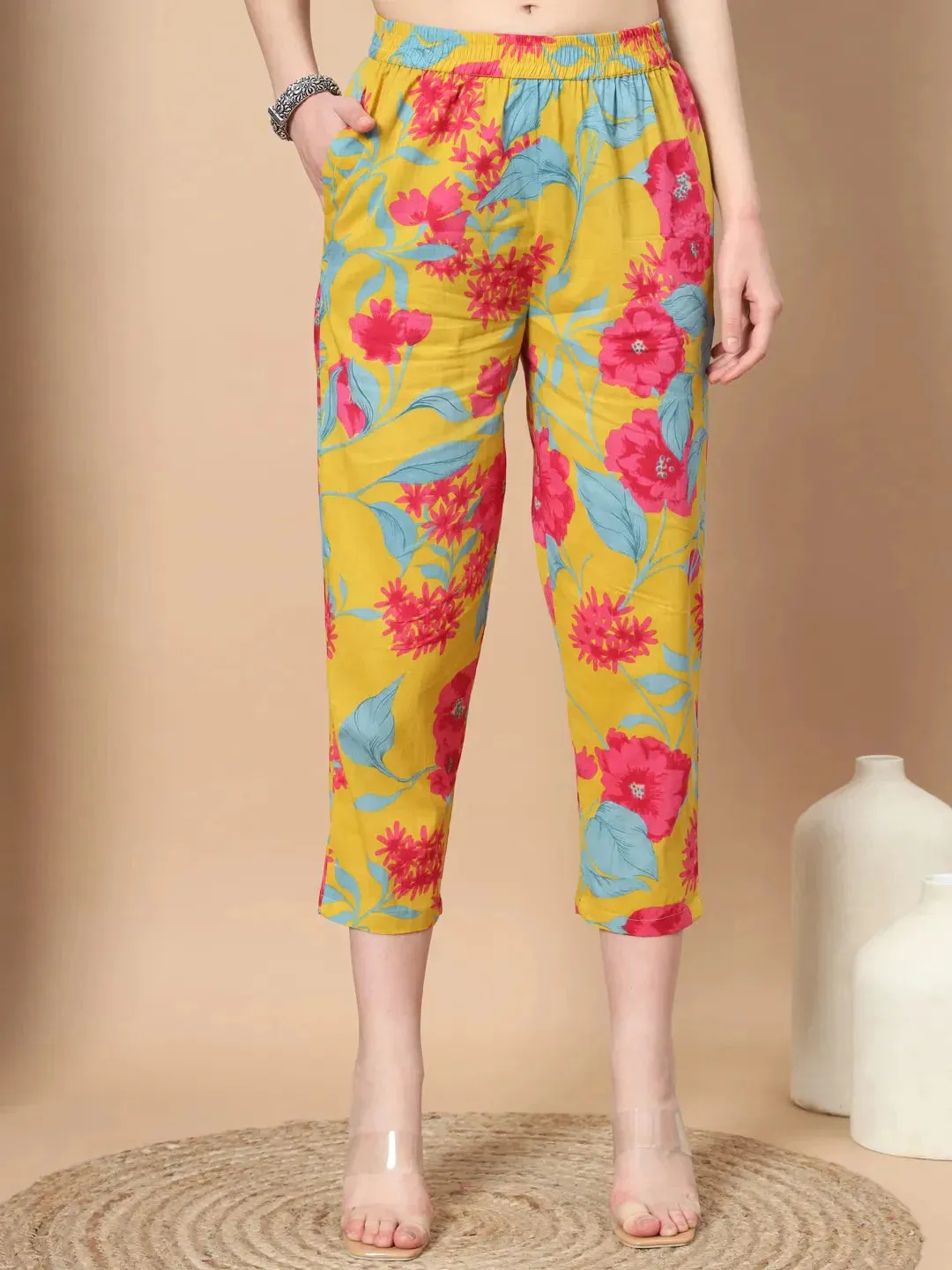 Mustard Cotton Co-Ord Set With Floral Print