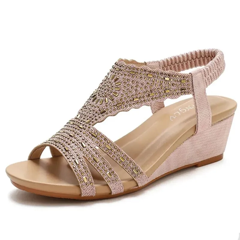 OCW Women Wedge Sandals Leather Rhinestones Design Summer Open Toe Sandals