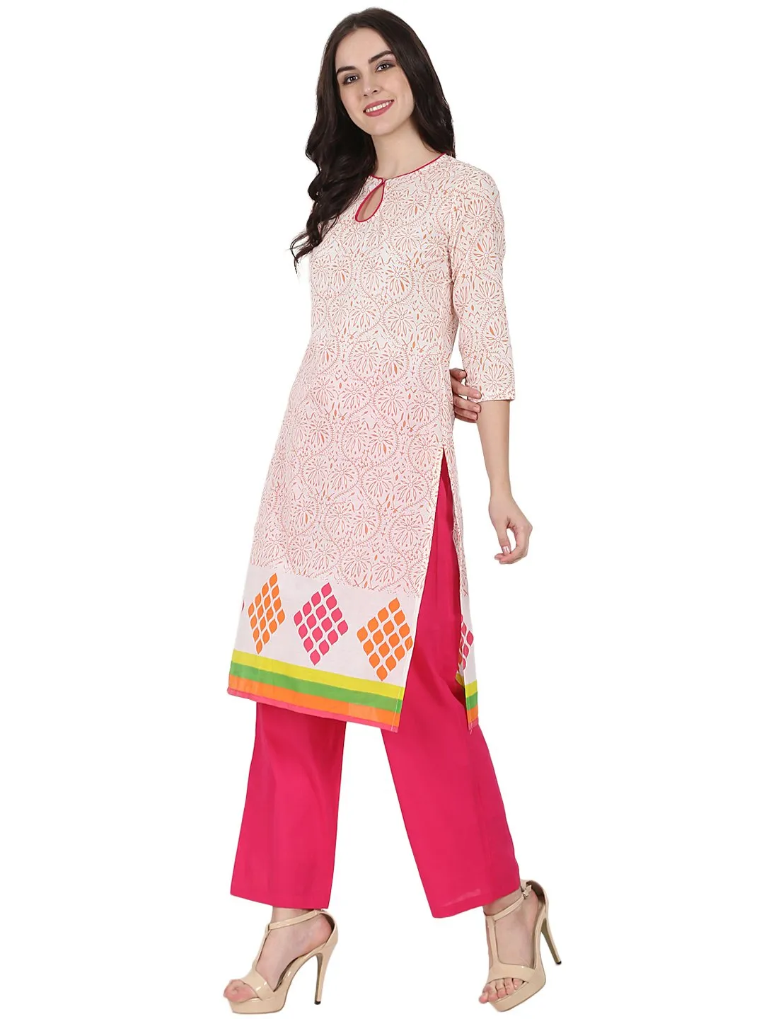 Off White Printed 3/4Th Sleeve Cotton Kurta With Pink Palazzo