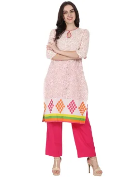 Off White Printed 3/4Th Sleeve Cotton Kurta With Pink Palazzo