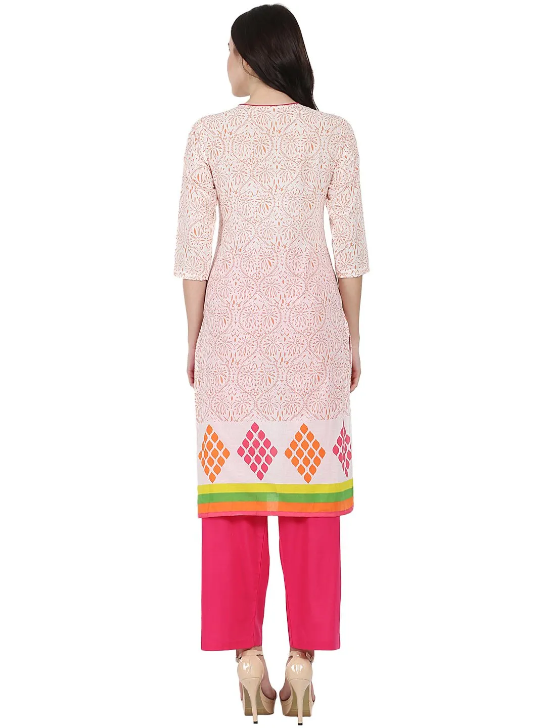 Off White Printed 3/4Th Sleeve Cotton Kurta With Pink Palazzo