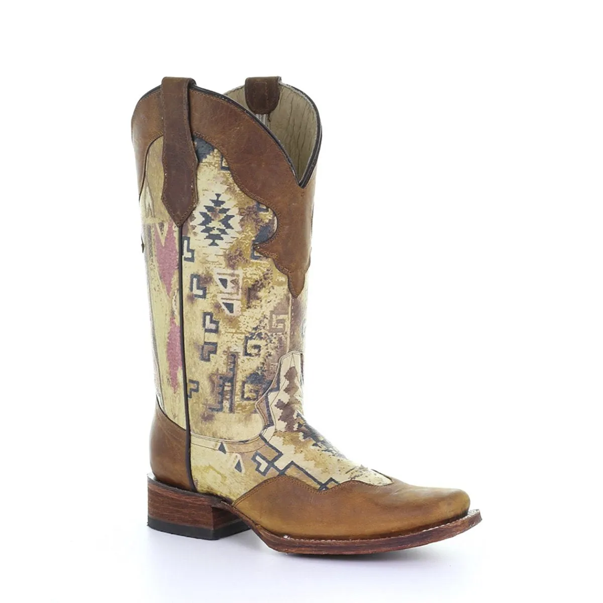 On Sale Brown Aztec Print Corral Blunt Toe Boots for Women