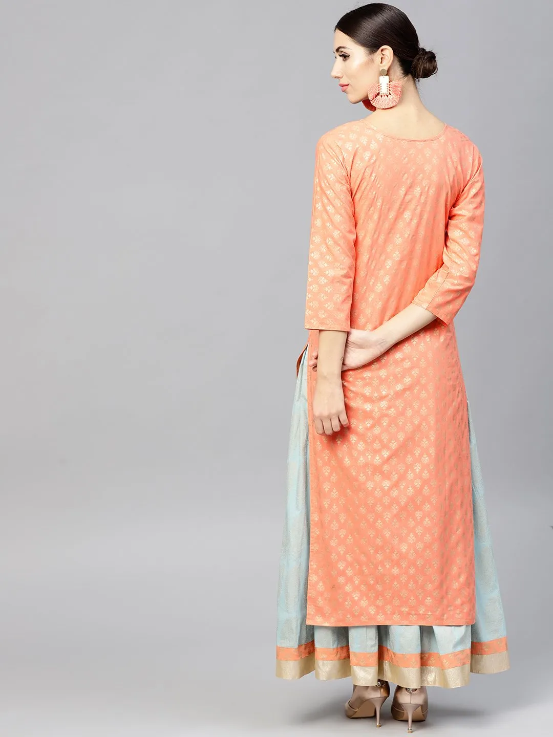 Orange Printed 3/4Th Sleeve Cotton Kurta Set With Printed Light Blue Palazzo