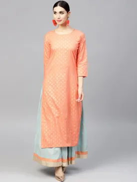 Orange Printed 3/4Th Sleeve Cotton Kurta Set With Printed Light Blue Palazzo