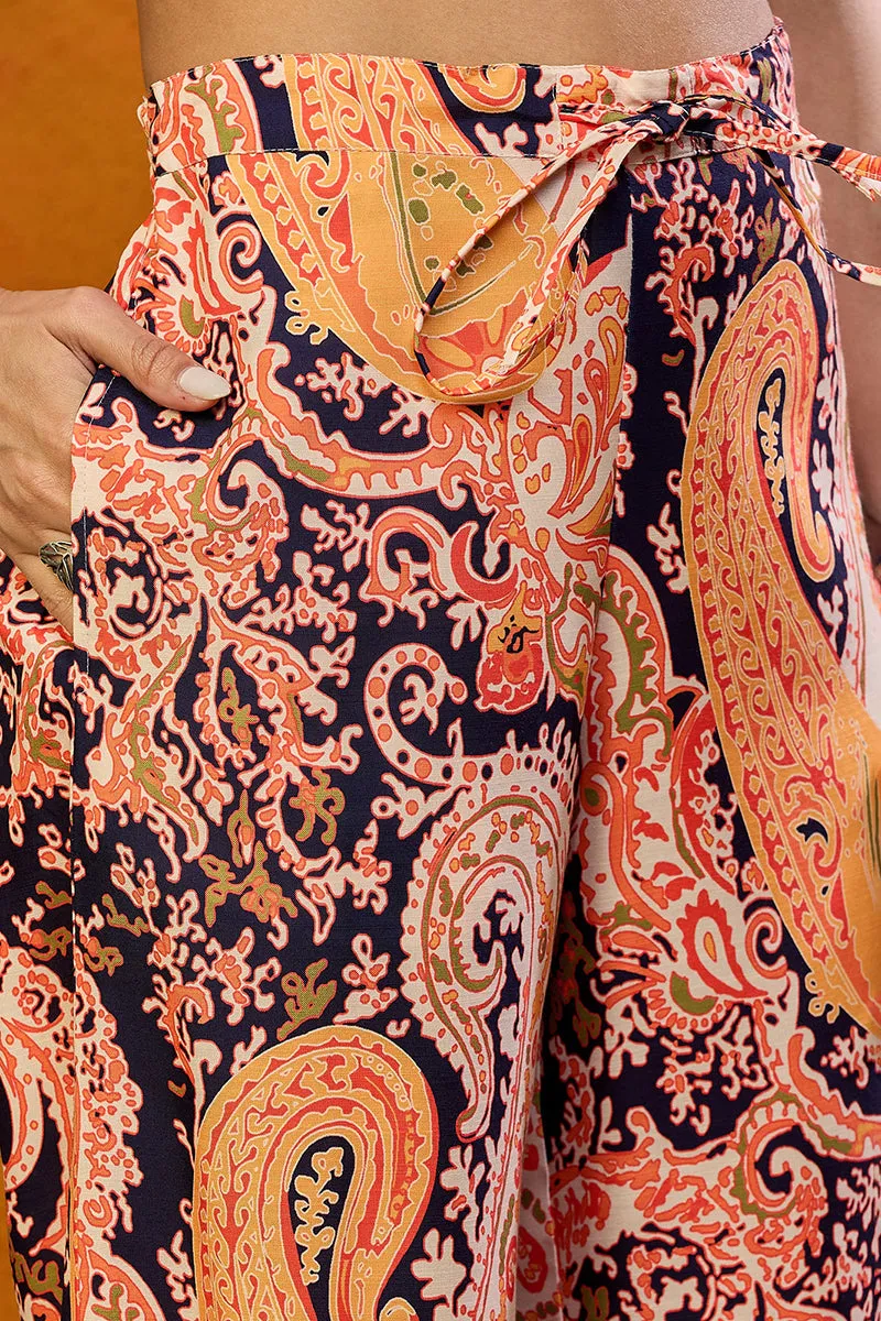 Orange Rayon Blend Paisley Printed Straight Co Ords Sets