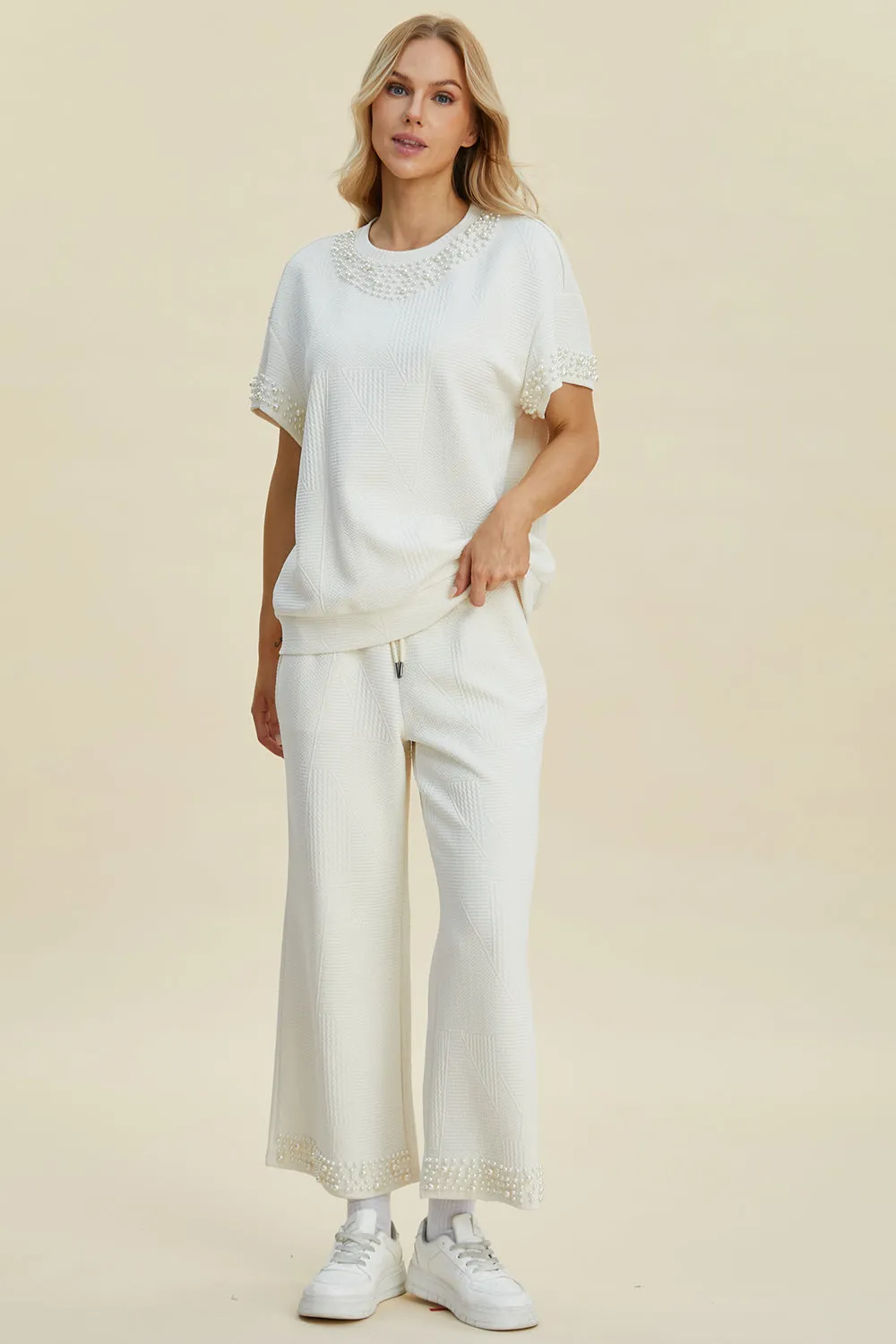 Pearl Detail Round Neck Top and Pants Set