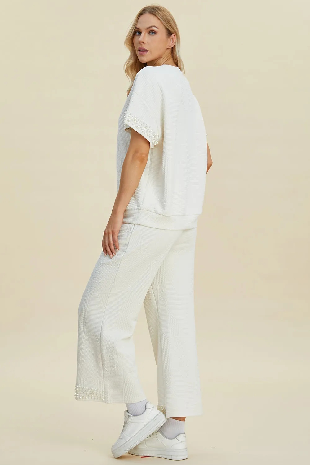 Pearl Detail Round Neck Top and Pants Set